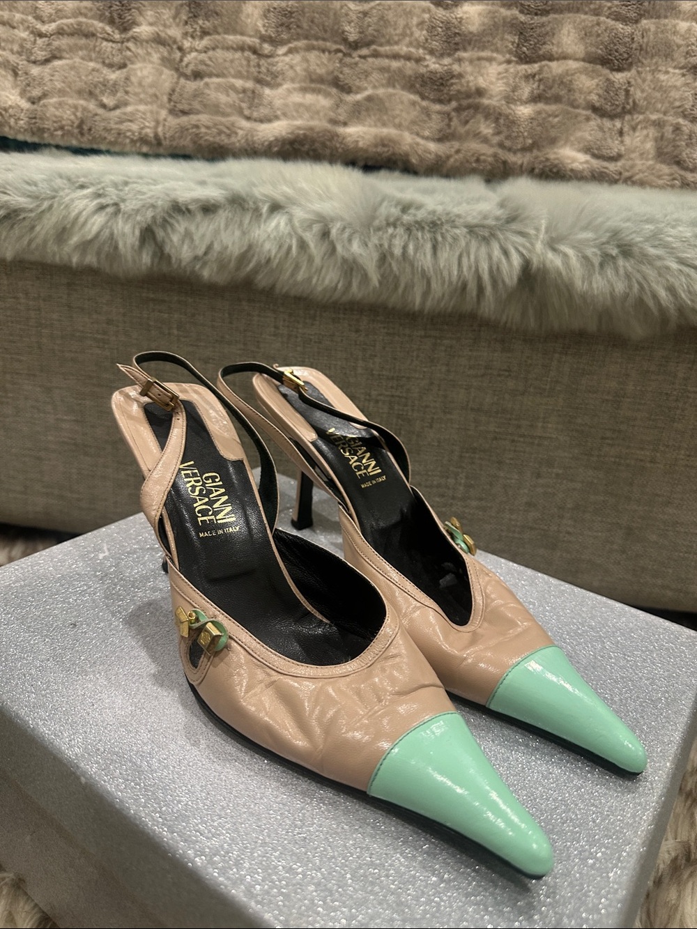 VERSACE Beige and Mint Leather Slingback Pumps W/ VERSACE Medusa head ornaments